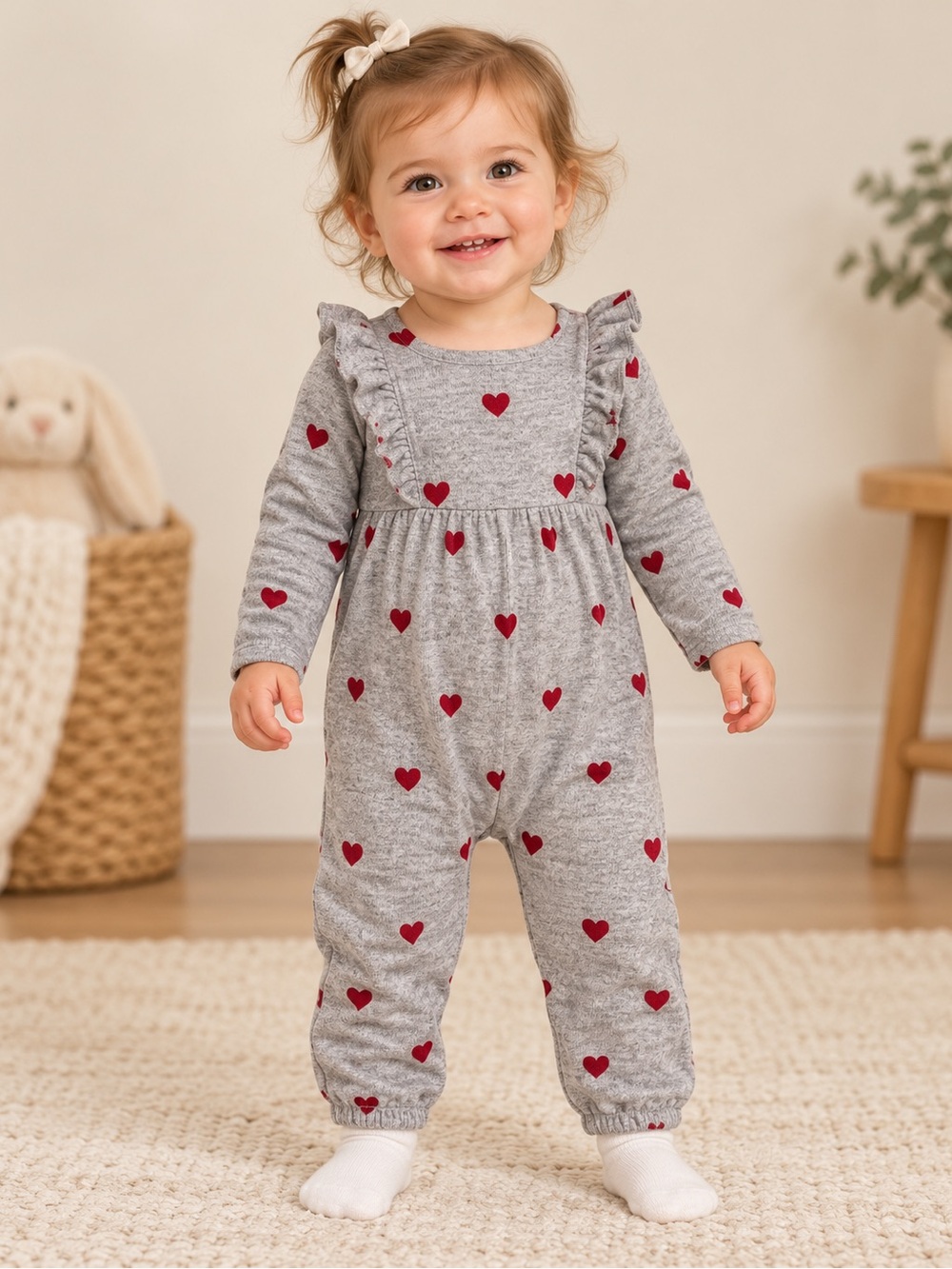 babyGap 12–18M Gray Red Heart Print Ruffle Long Sleeve Romper